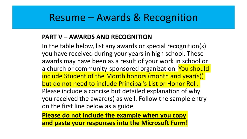 resume awards recognition