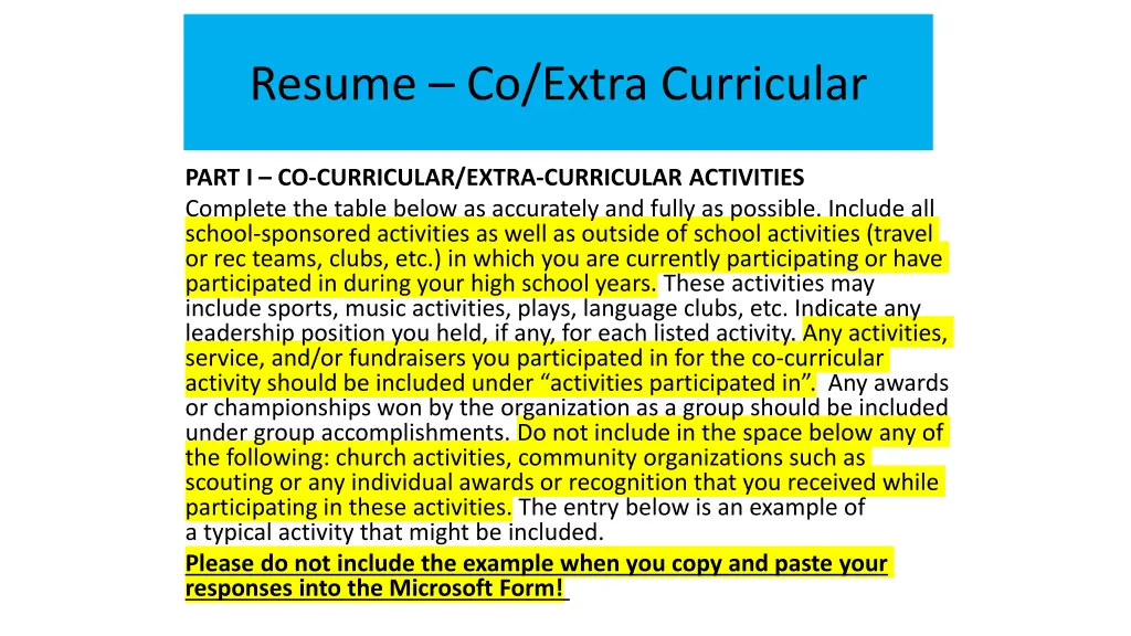 resume co extra curricular