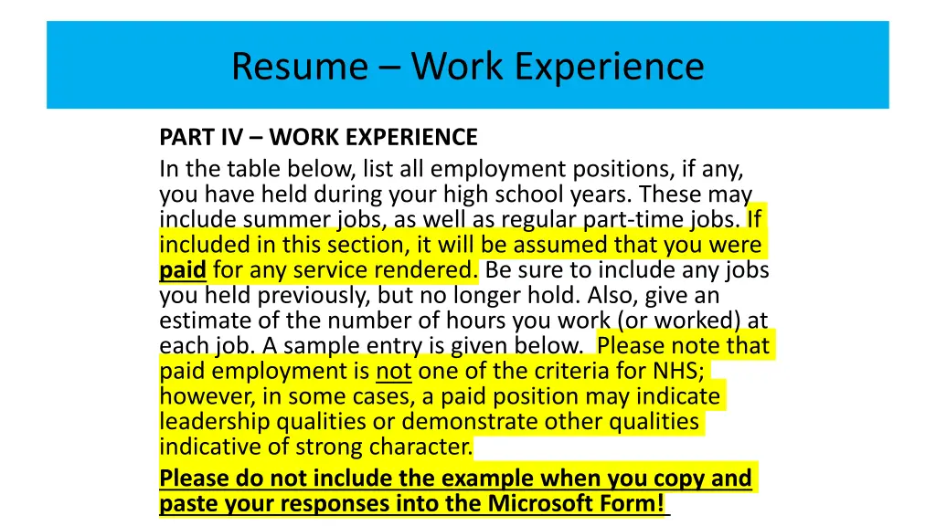 resume work experience