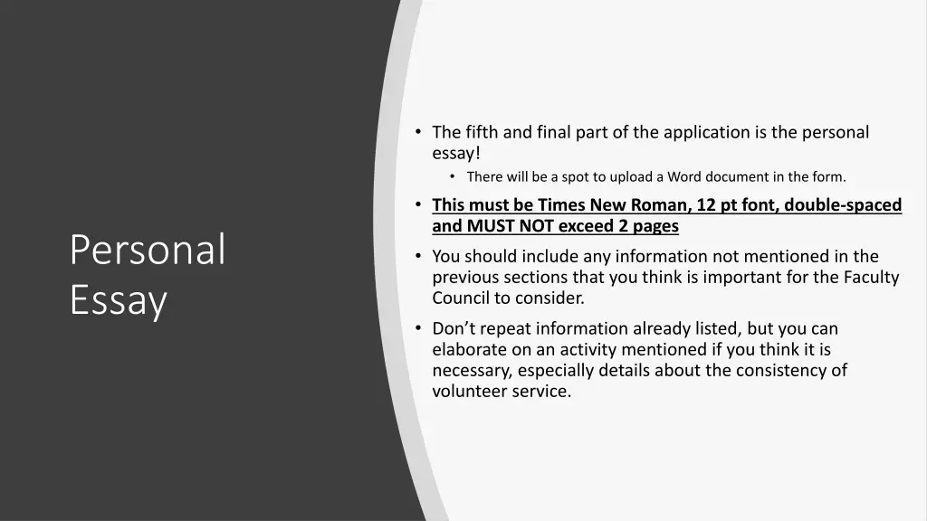 the fifth and final part of the application