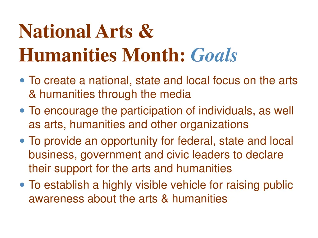 national arts humanities month goals