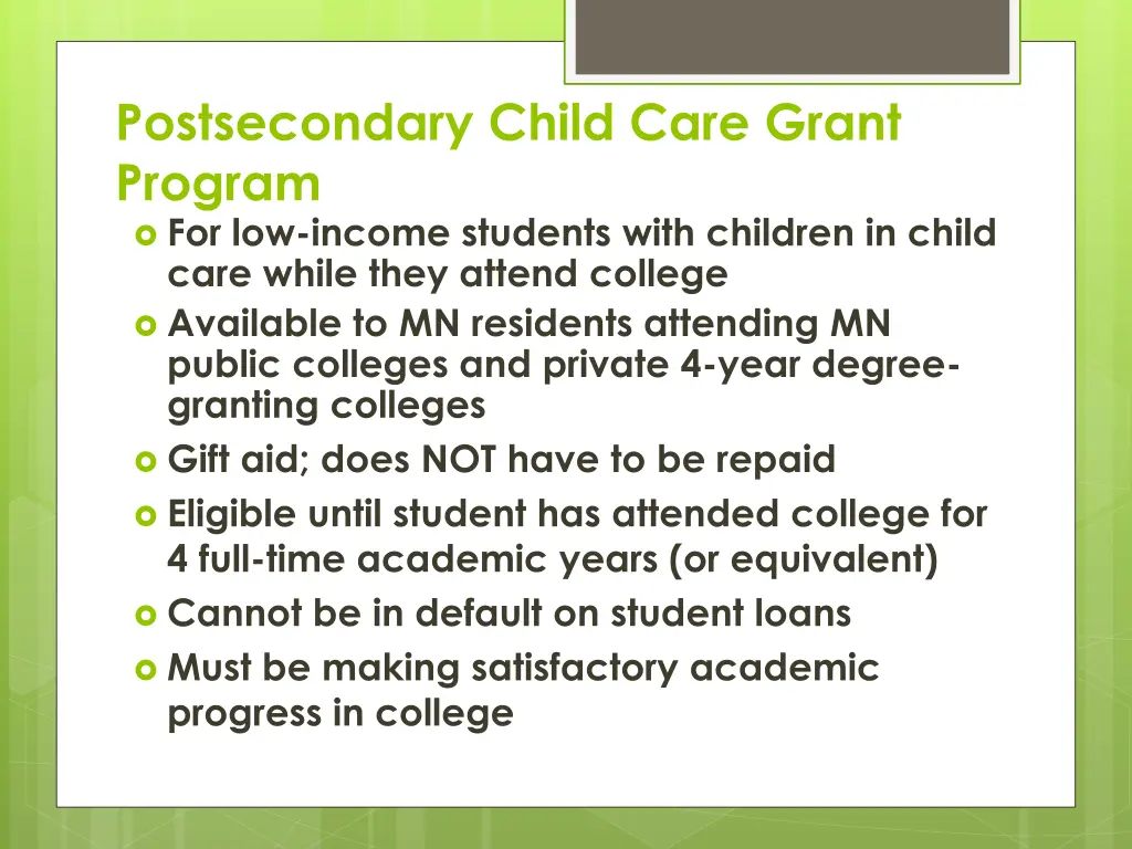 postsecondary child care grant program