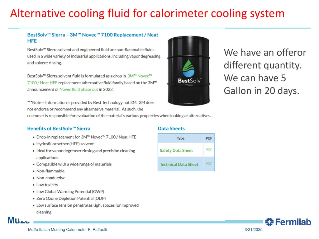 alternative cooling fluid for calorimeter cooling