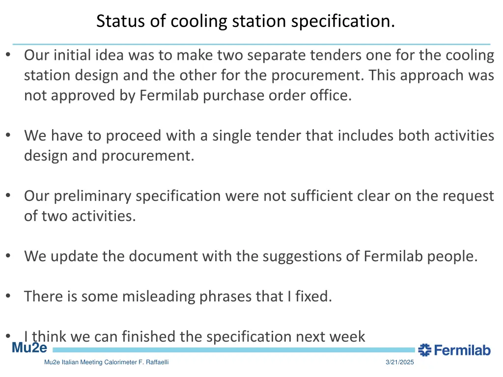 status of cooling station specification