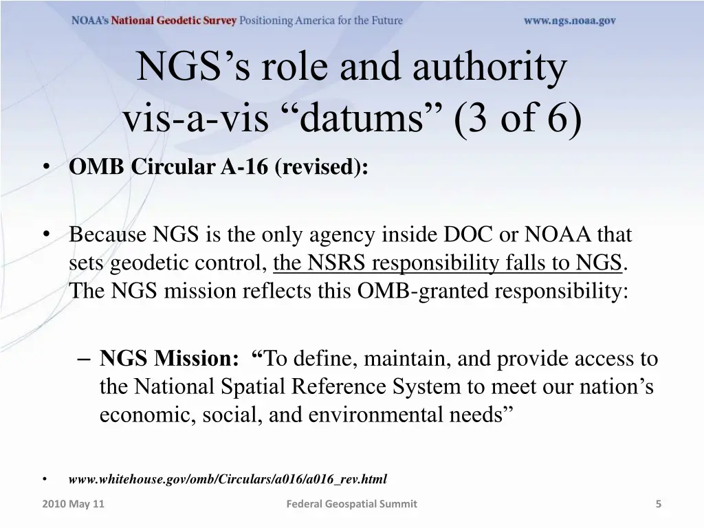 ngs s role and authority vis a vis datums 1