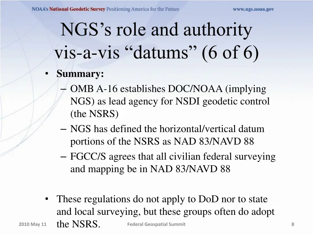 ngs s role and authority vis a vis datums 4