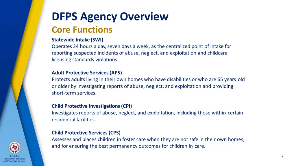 dfps agency overview core functions statewide