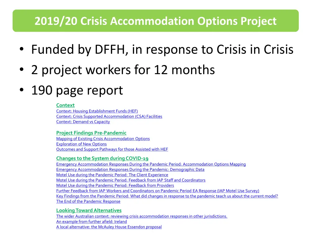2019 20 crisis accommodation options project