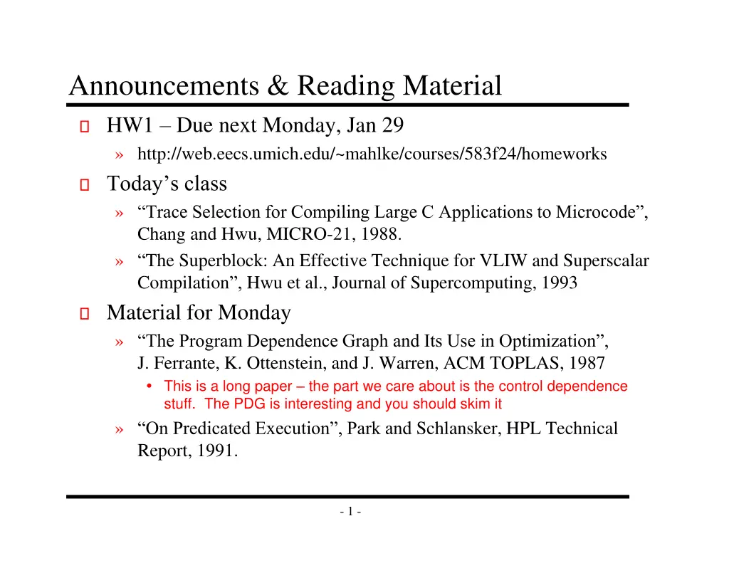 announcements reading material hw1 due next