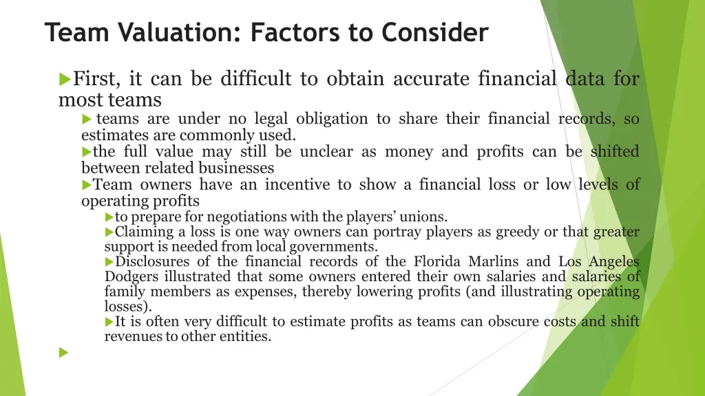 team valuation factors to consider