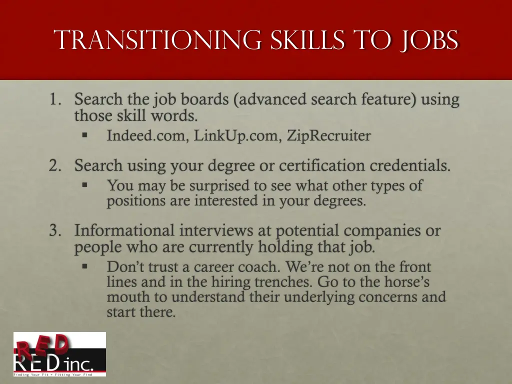 transitioning skills to jobs