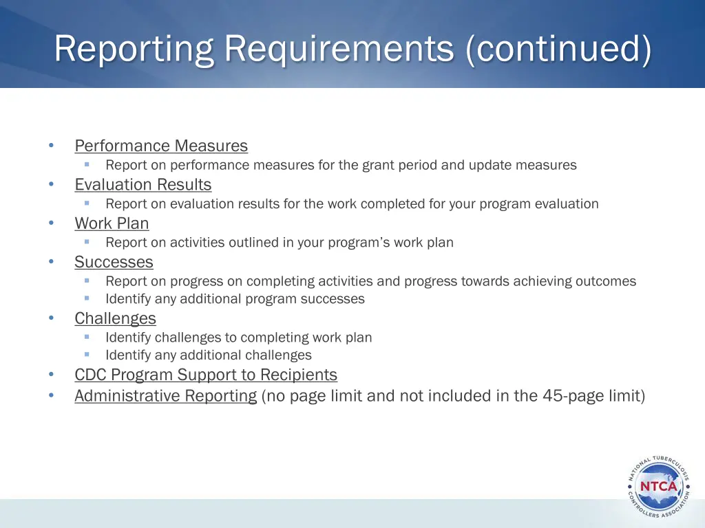 reporting requirements continued