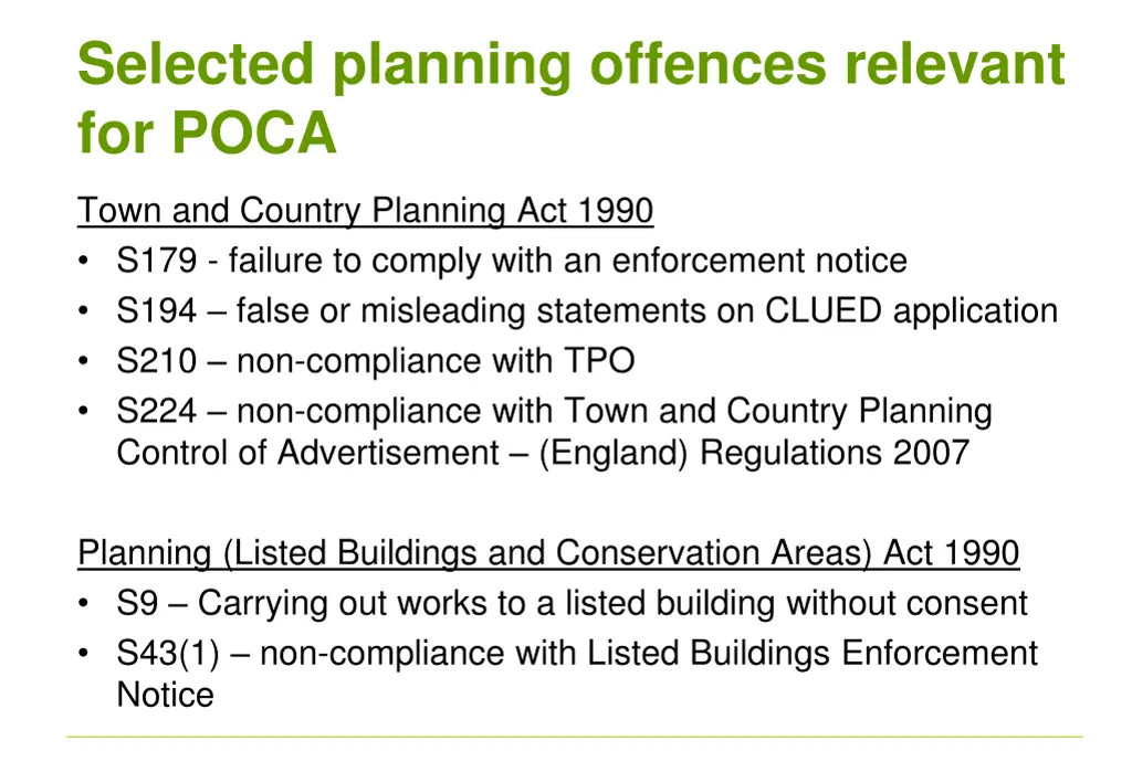 selected planning offences relevant for poca