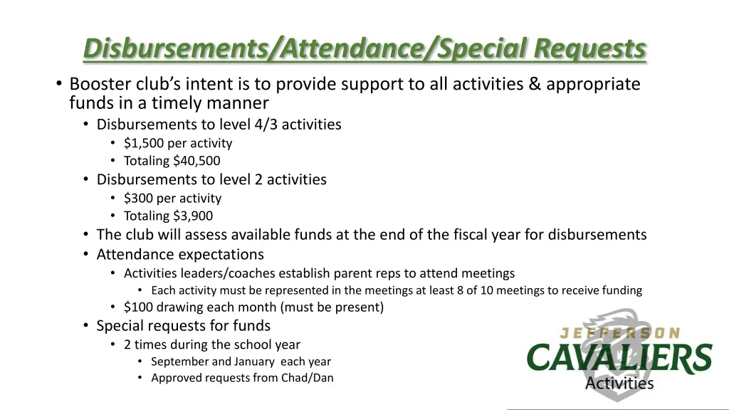 disbursements attendance special requests booster
