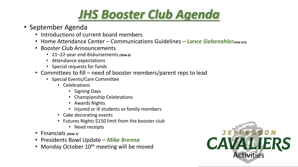 jhs booster club agenda september agenda