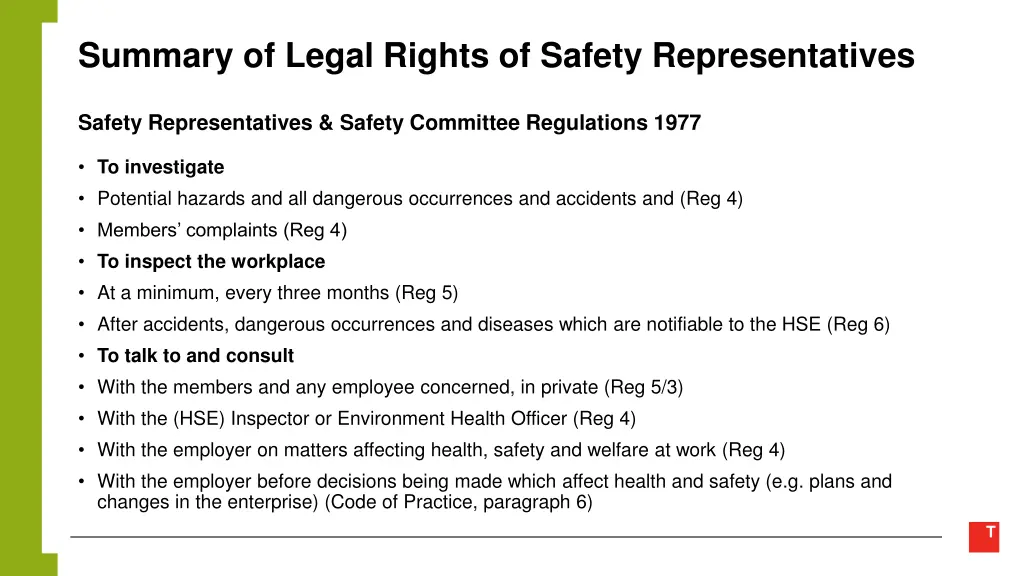 summary of legal rights of safety representatives