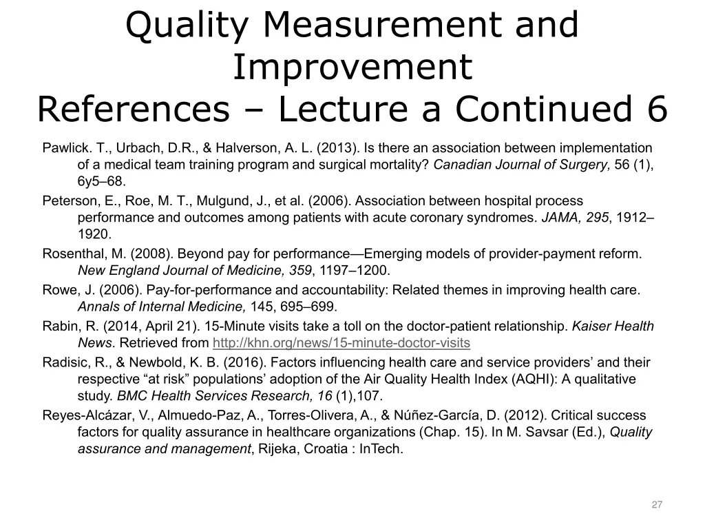quality measurement and improvement references 6