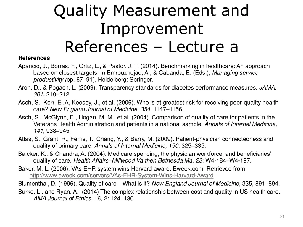 quality measurement and improvement references