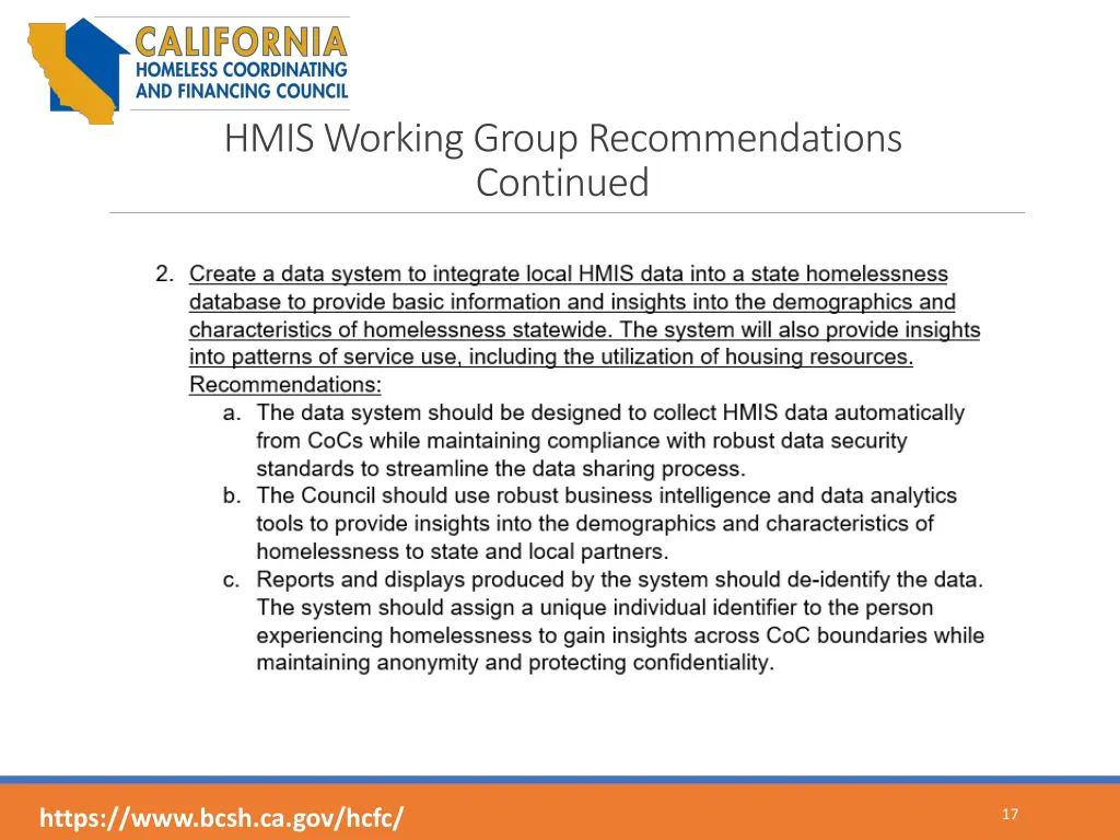 hmis working group recommendations continued