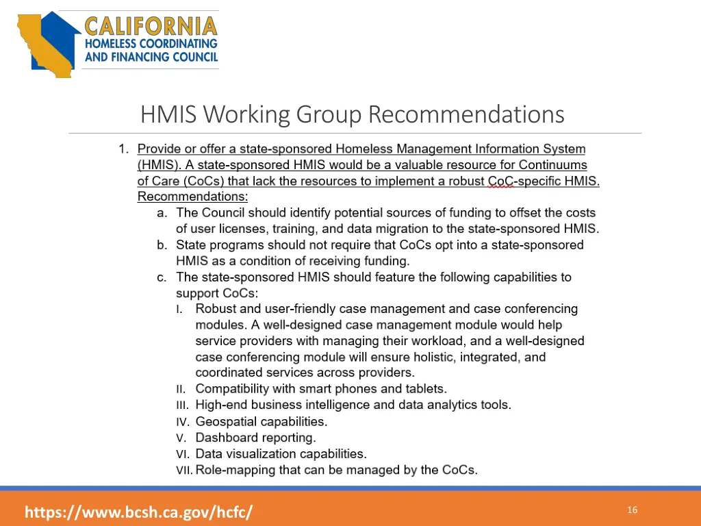 hmis working group recommendations