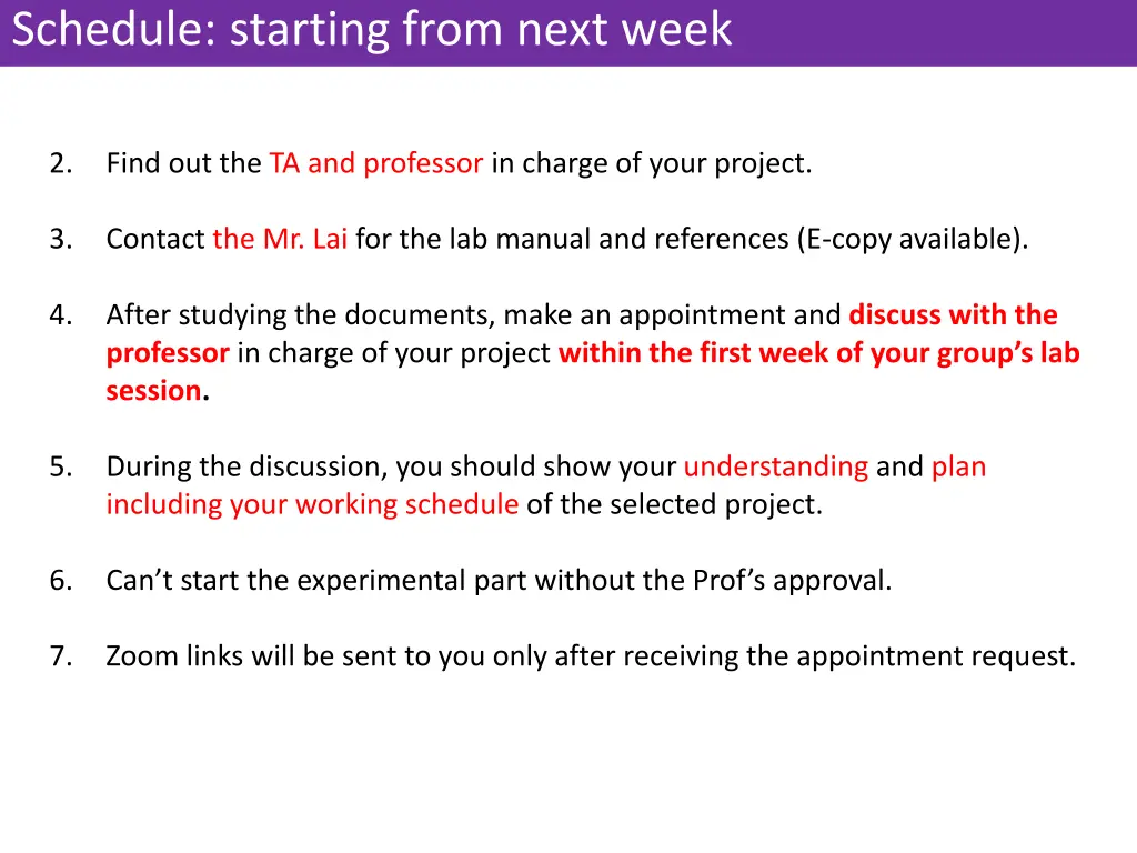 schedule starting from next week