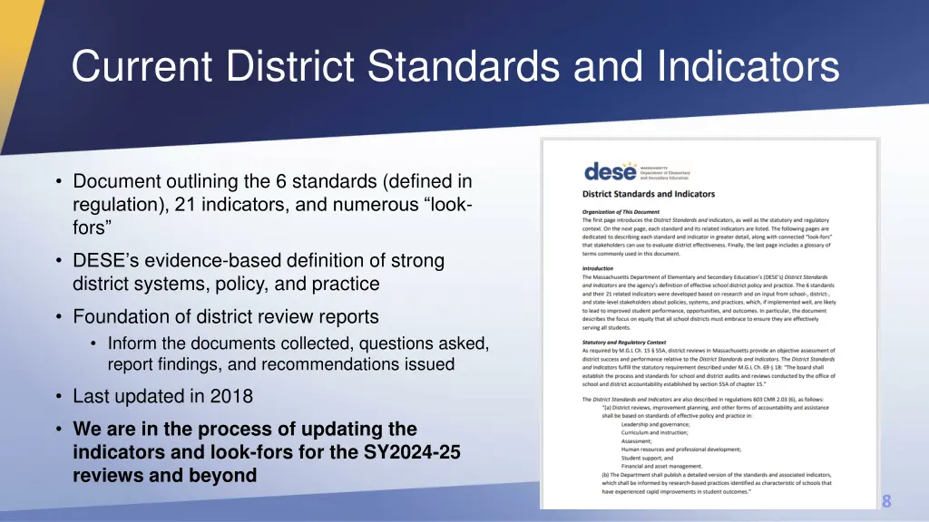 current district standards and indicators