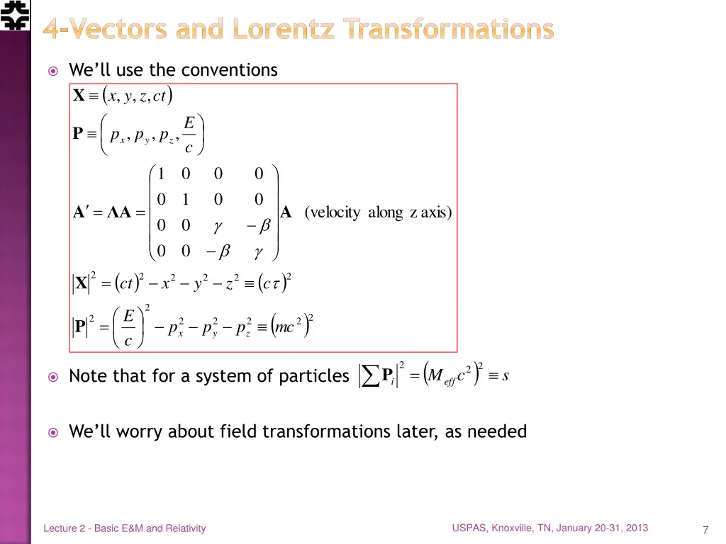 4 vectors and lorentz transformations