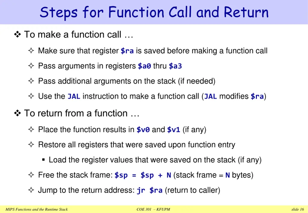 steps for function call and return
