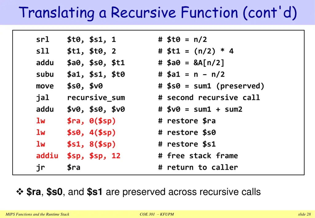 translating a recursive function cont d