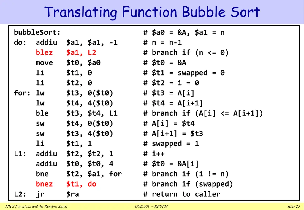 translating function bubble sort