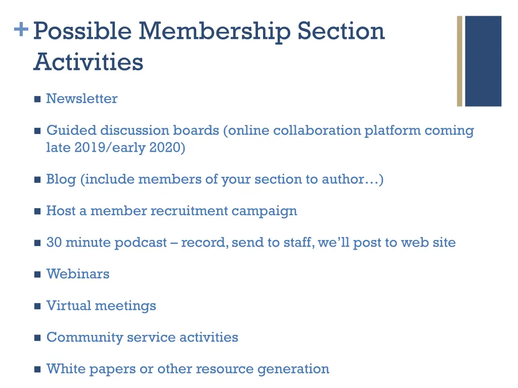 possible membership section activities