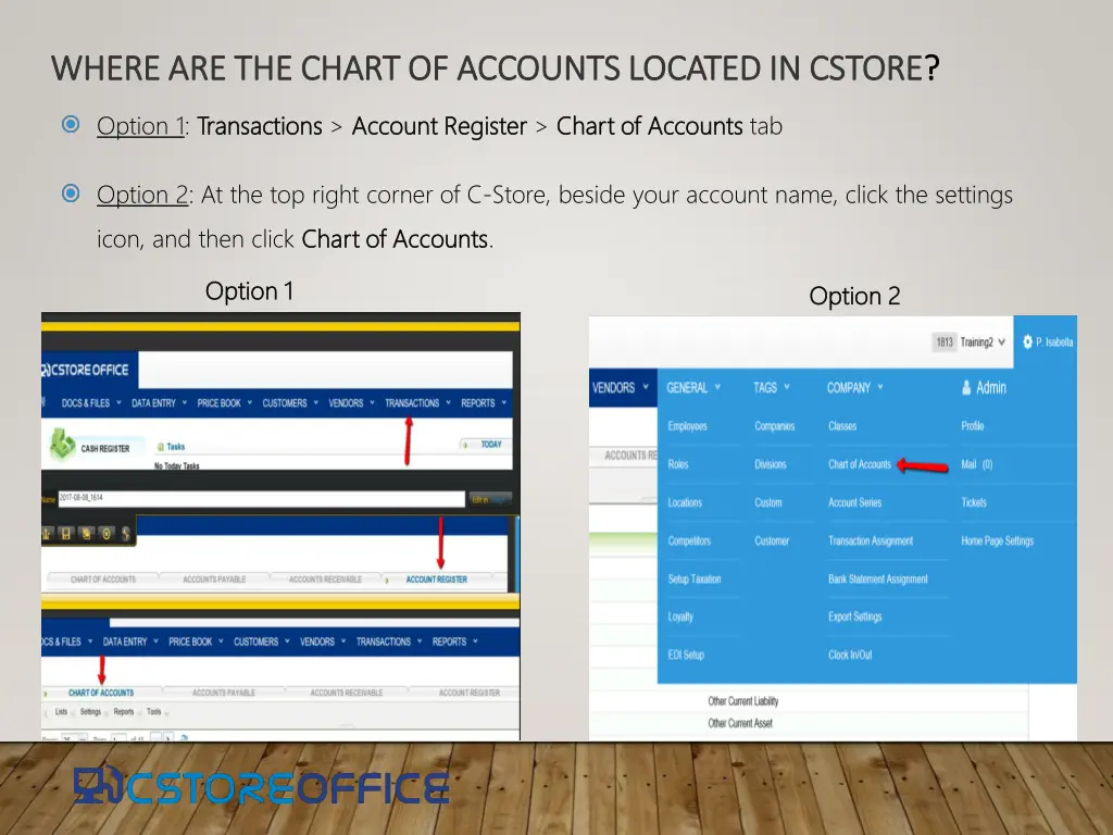 where are the chart of accounts located in cstore