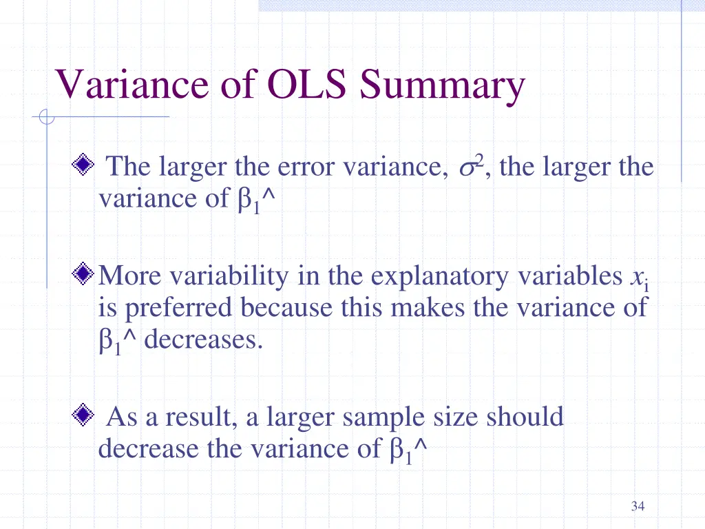variance of ols summary
