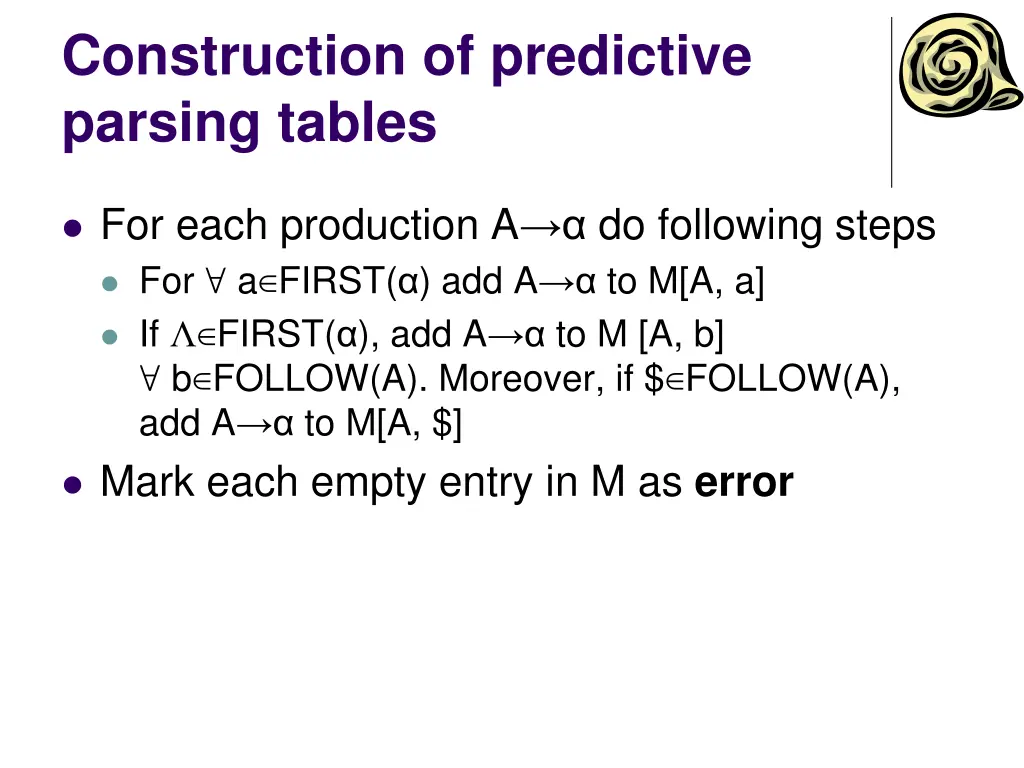 construction of predictive parsing tables