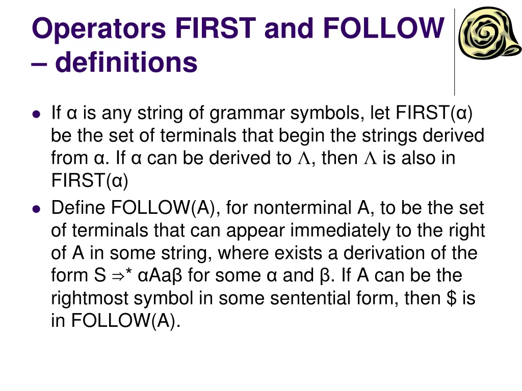 operators first and follow definitions