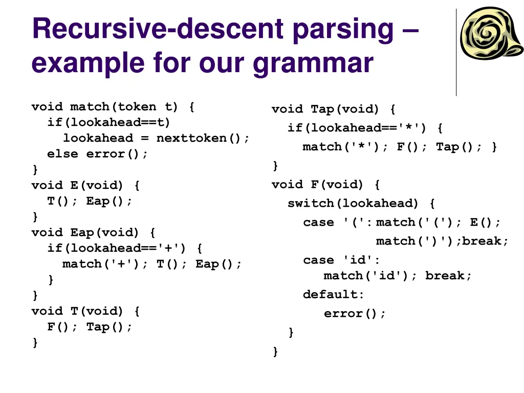 recursive descent parsing example for our grammar