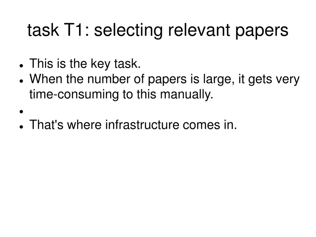task t1 selecting relevant papers