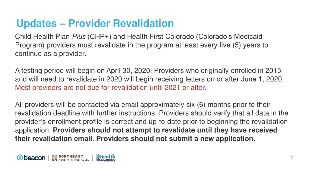 updates provider revalidation child health plan