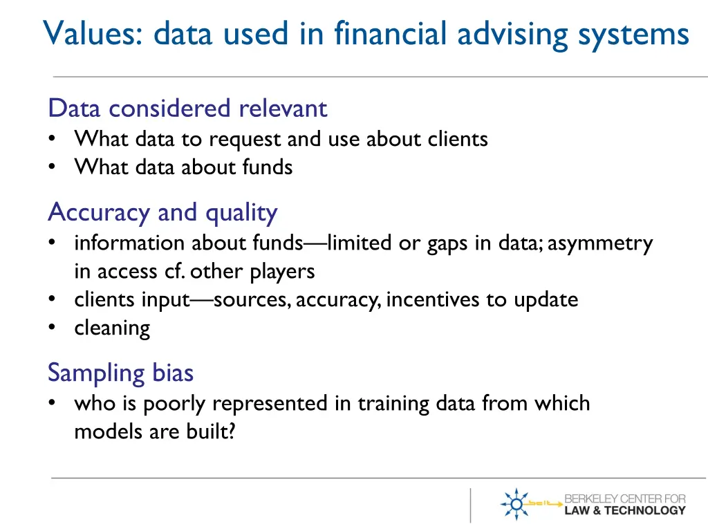 values data used in financial advising systems