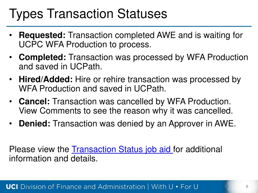 types transaction statuses