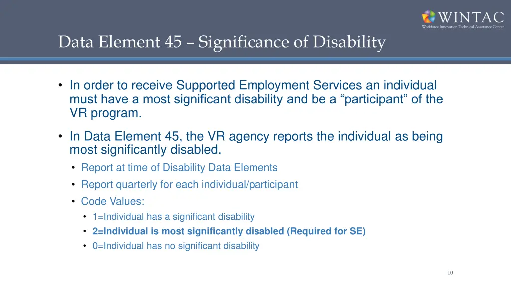 data element 45 significance of disability
