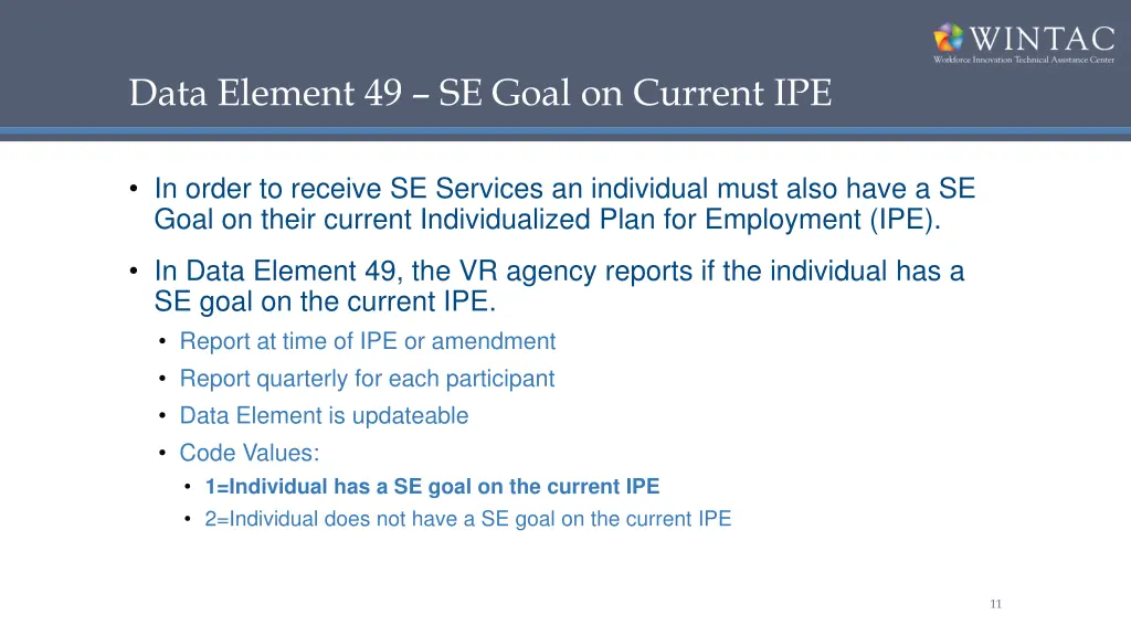 data element 49 se goal on current ipe
