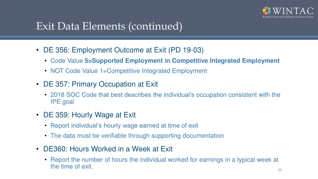 exit data elements continued