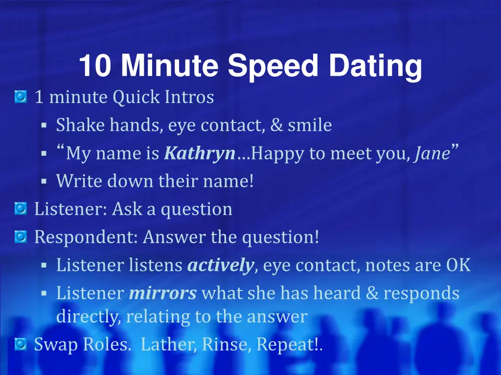 10 minute speed dating 1 minute quick intros