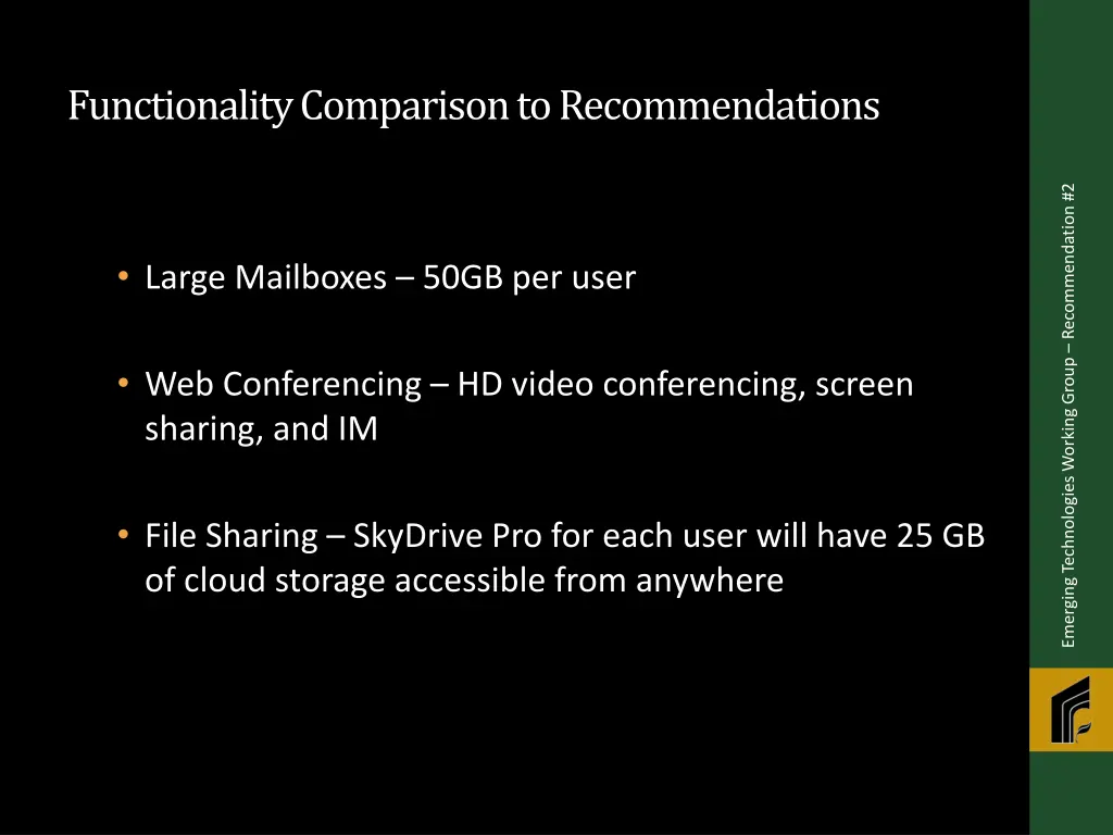 functionality comparison to recommendations