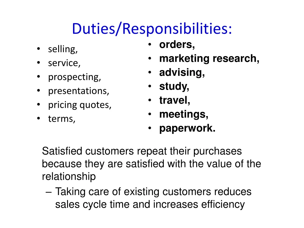 duties responsibilities selling service