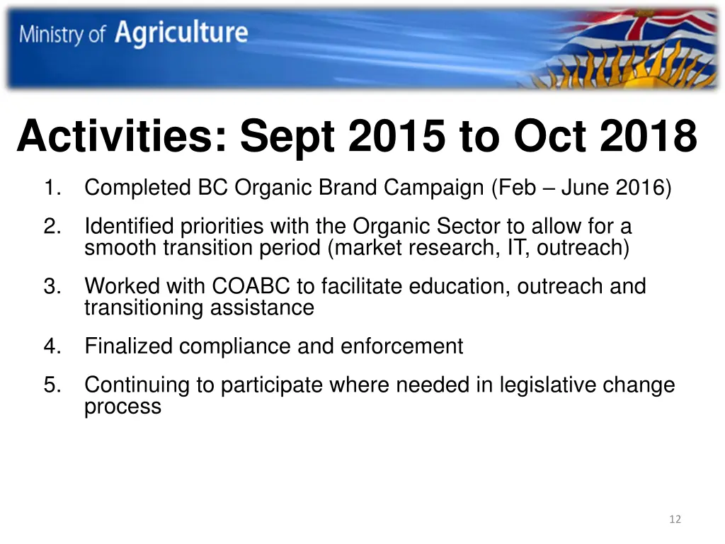 activities sept 2015 to oct 2018