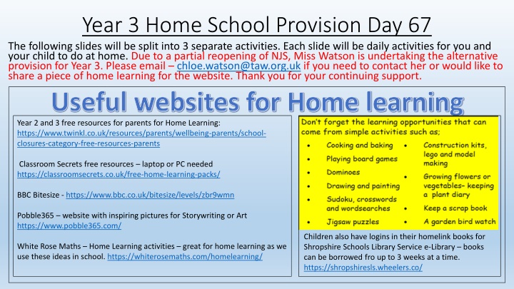 year 3 home school provision day 67 the following