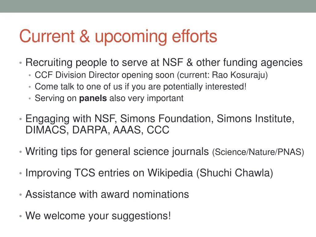 current upcoming efforts