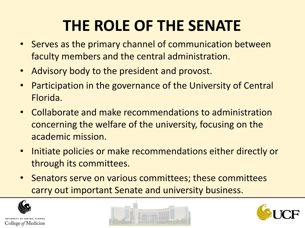 the role of the senate serves as the primary